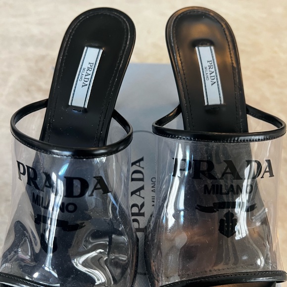 Prada Authentic Women's Logo Heeled Sandals PVC with Leather - Picture 2 of 9